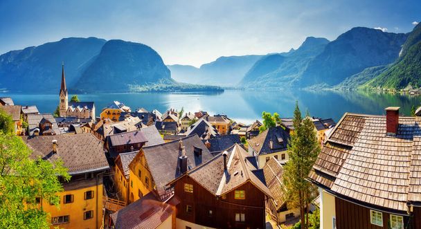 Great views of the lake and Hallstatter and Hallstatt Lutheran Church. Picturesque and gorgeous scene. Location famous place (unesco heritage), Austria, region of Salzkammergut, Europe. Beauty world. - Photo, Image