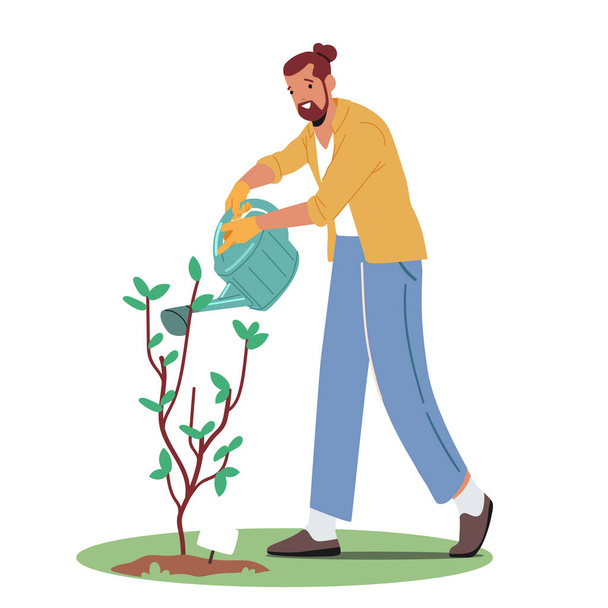 Κηπουρική Χόμπι ή Εποχιακή Έννοια Εργασίας. Κηπουρός ή αγρότης αρσενικό χαρακτήρα εργασίας στον κήπο πότισμα δέντρο με κονσέρβα - Διάνυσμα, εικόνα