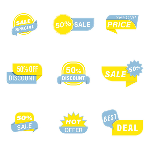 minimal sale tags collection, yellow and blue vector price tags set - Vecteur, image