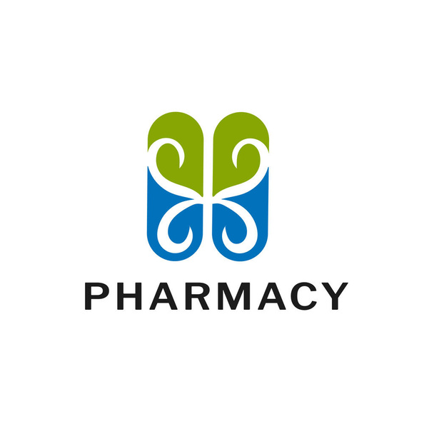 Символ векторного логотипа аптеки для фармацевта, аптеки, врача и медицины. 2 капсулы таблетки таблетки - Вектор,изображение