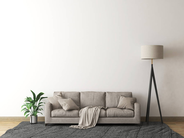 Mockup wall in the living room with sofa, pillow, blanket, plant, gray carpet, and floor lamp. 3d rendering. 3d illustration - Фото, изображение