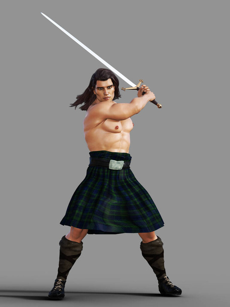 Long haired scottish man with sword raised illustration - Fotó, kép