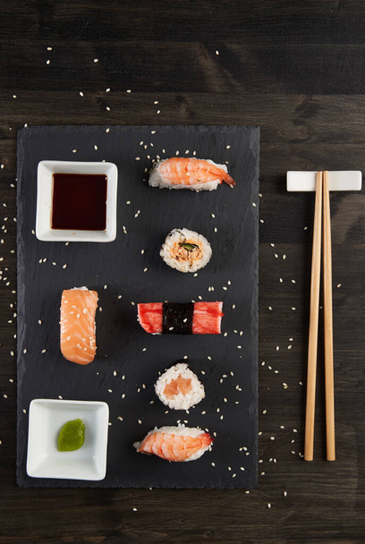 Fresh sushi assortment closeup flat lay - Foto, imagen