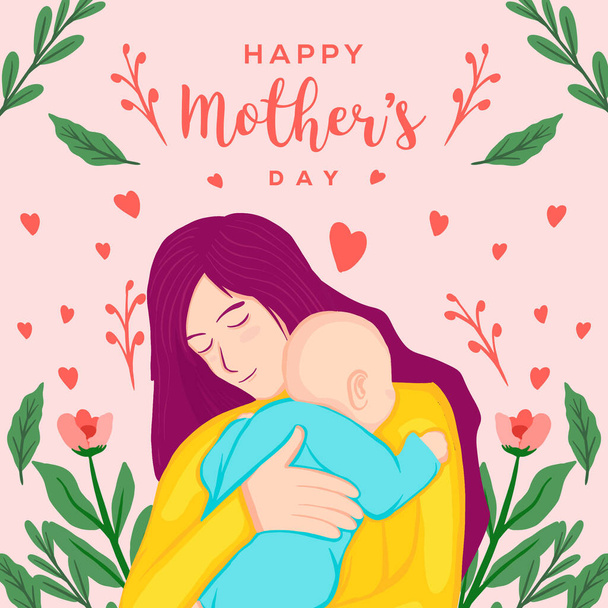 mother's day greeting card with mother hugging baby and floral - Vektor, obrázek
