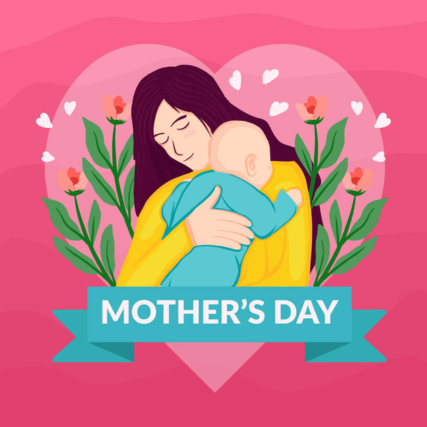 mother's day illustration flat design with mother hugging baby - Vector, Imagen