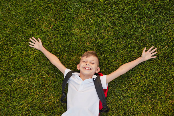 Cheerful pupil lying on grass in park - Foto, Imagem