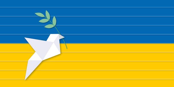 Paper white dove or pigeon carrying olive branch flying on Ukrainian flag abstract background, Concept for Peace and stop the war, space for the text, paper cut design style. - Photo, Image