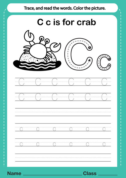 Alphabet c exercise with cartoon vocabulary for coloring book illustration, vector - Vector, Image