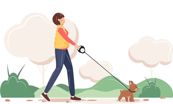 Mulher ambulante com seu cão na natureza.  - Vetor, Imagem