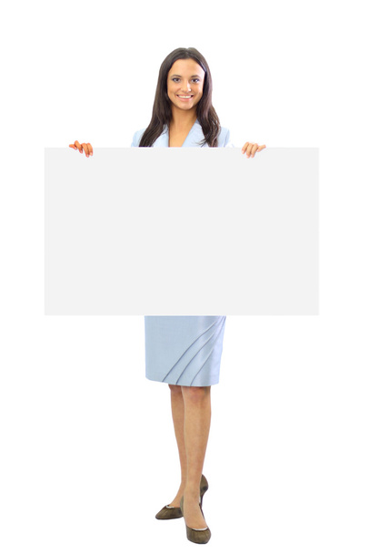 Cute Indian woman presents with a blank white board - Fotoğraf, Görsel