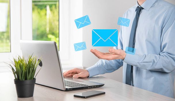 Email marketing and newsletter concept.Contact us by newsletter email and protect your personal information from spam mail concept.Scheme of direct sales in business. List of clients for mailing - Photo, Image