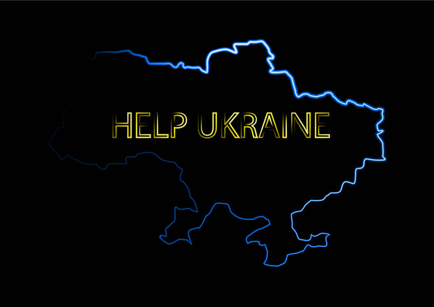 Inscription "AIDEZ UKRAINE" sur le fond de la carte de l'Ukraine avec effet néon. Images à l'appui de l'Ukraine pendant la guerre. - Vecteur, image