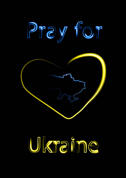 Afbeeldingen over het thema van de oorlog in Oekraïne. Inscriptie bidden voor Oekraïne met kaart van Oekraïne in hart en nieren met neon effect. - Vector, afbeelding