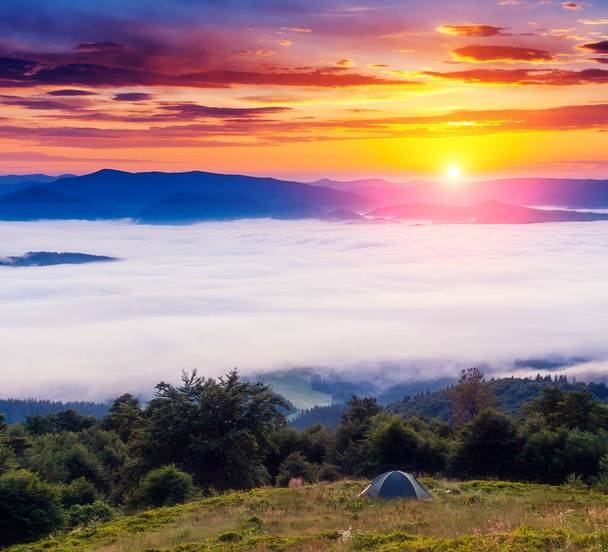 Güneş ışığıyla parlayan muhteşem sisli dağlar. Dramatik ve resimli bir sahne. Karpatlar 'ın yeri, Ukrayna, Avrupa. Güzellik dünyası. Instagram tonlaması. Sıcak tonlama efekti. - Fotoğraf, Görsel