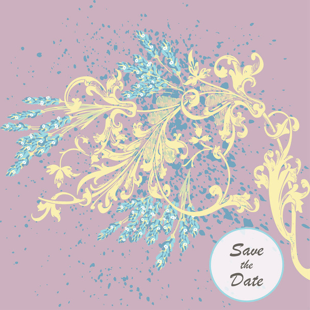 Flores de lavanda dibujadas a mano en rosa, diseño de cubierta de patrón floral abstracto. Florecen ramas verdes, fondo artístico de moda. vector gráfico ilustración boda, cartel, tarjeta de felicitación, revista - Vector, imagen