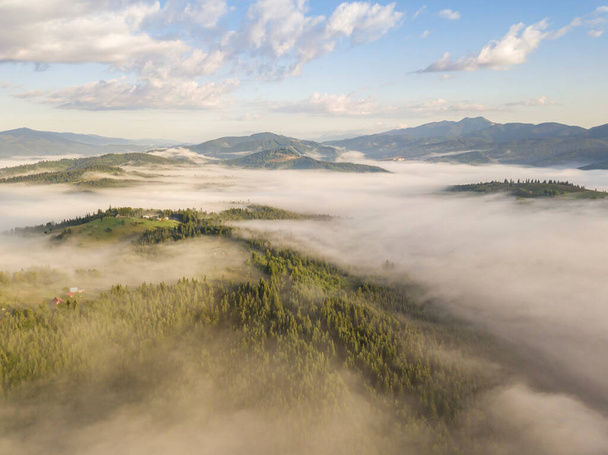 Green mountains of the Ukrainian Carpathians in the morning fog. Aerial drone view. - Photo, Image