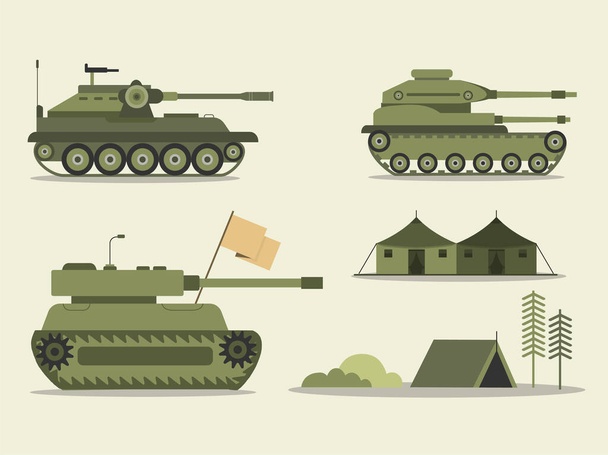 Συλλογή πολεμικών οχημάτων με άρματα μάχης, εξοπλισμός για τον πόλεμο, εικονογραφήσεις διανυσμάτων. - Διάνυσμα, εικόνα