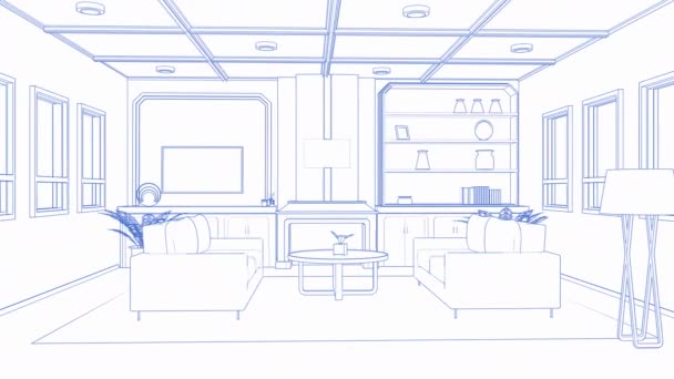 3D weergave woonkamer interieur blauwdruk in gezellige stijl met bank en lamp 4k beeldmateriaal - Video