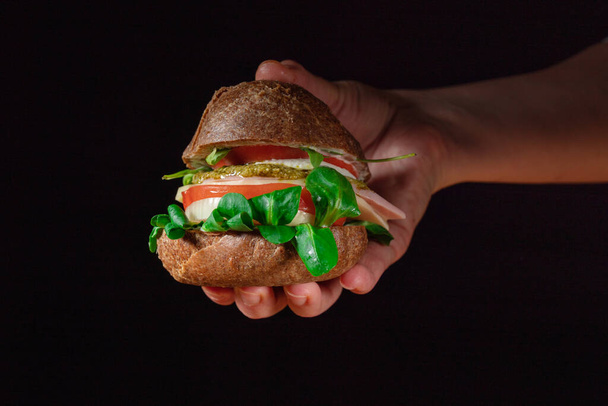 Gezonde Veganistische Burger. Hamburger in een hand - Foto, afbeelding
