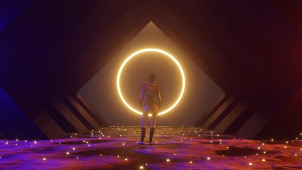 Animacja 4K 3D. Kobieta stojąca przed wielkim portalem do innego wymiaru, przeciwko świecącemu wszechświatowi energii. Kosmiczny podróżnik w ciemnym korytarzu. Fantastyka naukowa, mistyczna koncepcja - Materiał filmowy, wideo