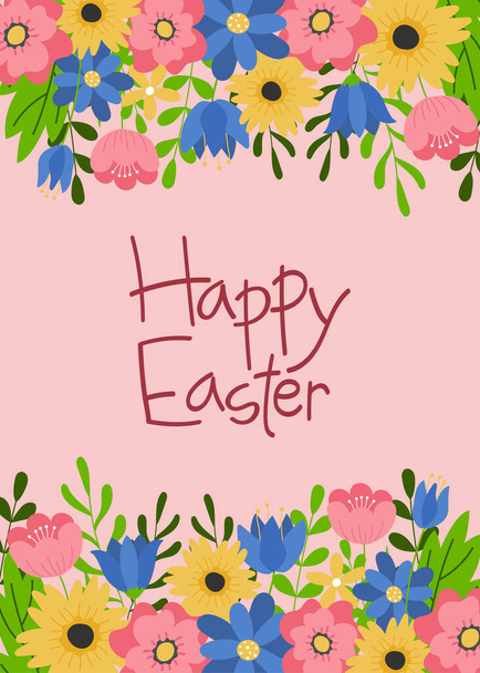 Ostergrußkarten-Vorlage. Handgezeichneter Text auf rosa Hintergrund mit bunten Blumen. Vorlage für Poster, Grußkarten, Einladungen oder Postkarten - Vektor, Bild