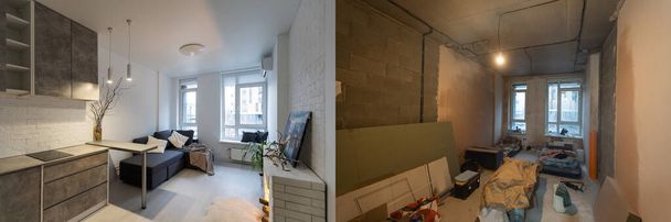 Комната с незаконченными стенами и комната после ремонта. До и после ремонта в новом жилье - Фото, изображение