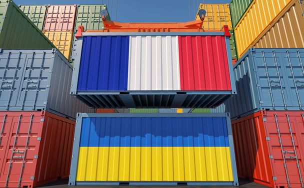 Cargo containers with France and Ukraine national flags. 3D Rendering  - Photo, image