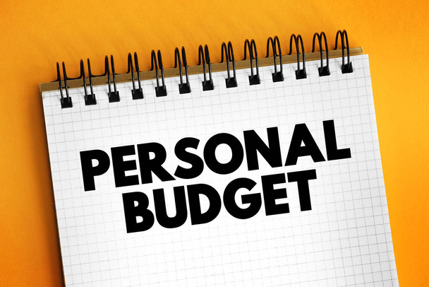 Budżet osobisty - plan finansowy, który przeznacza przyszłe dochody osobiste na wydatki, oszczędności i spłatę zadłużenia, koncepcja tekstowa na notatniku - Zdjęcie, obraz