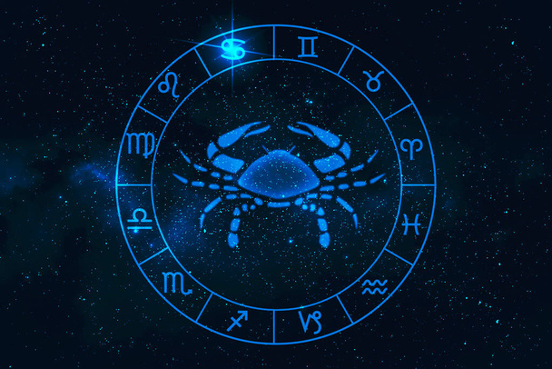 znak horoskop nowotworowy w dwunastu zodiaku z tłem gwiazd galaktyki, grafika myślenia wielokąta  - Zdjęcie, obraz