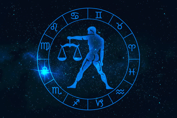 Segno oroscopo Bilancia in dodici zodiaco con sfondo stelle galassia, grafico di uomo poligono pensando  - Foto, immagini