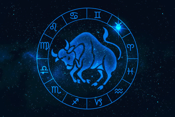 Tauruss horoscoop teken in twaalf dierenriem met sterrenstelsel sterren achtergrond, grafiek van veelhoek man denken  - Foto, afbeelding