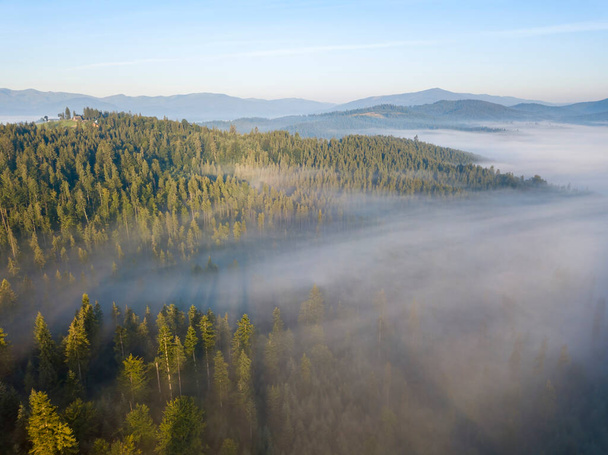 Morgennebel in den ukrainischen Karpaten. Drohnenblick aus der Luft. - Foto, Bild
