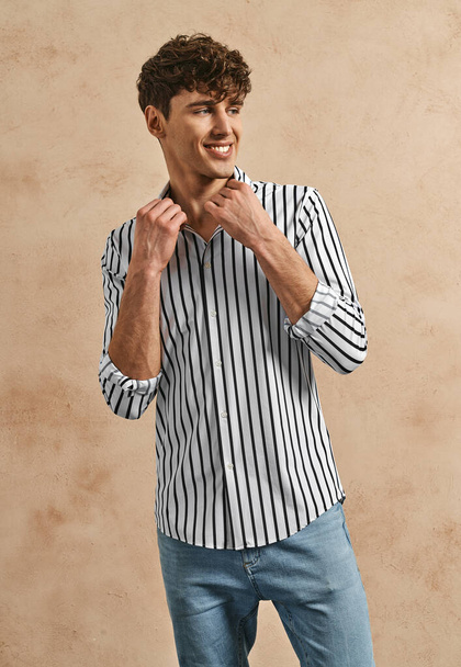 Hansome man wear striped cotton shirt in black and white  - Photo, Image