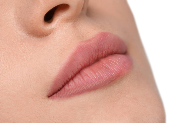 Beautiful woman with perfect lips, closeup. Permanent makeup - Foto, Imagem