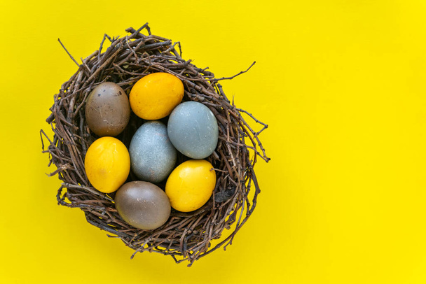 Colored yellow blue and brown Easter eggs in birds nest on bright yellow background. Top view. Copy space. - Fotoğraf, Görsel