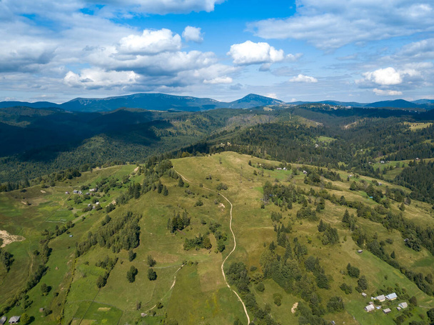 Green mountains of Ukrainian Carpathians in summer. Coniferous trees on the slopes. Aerial drone view. - Photo, image