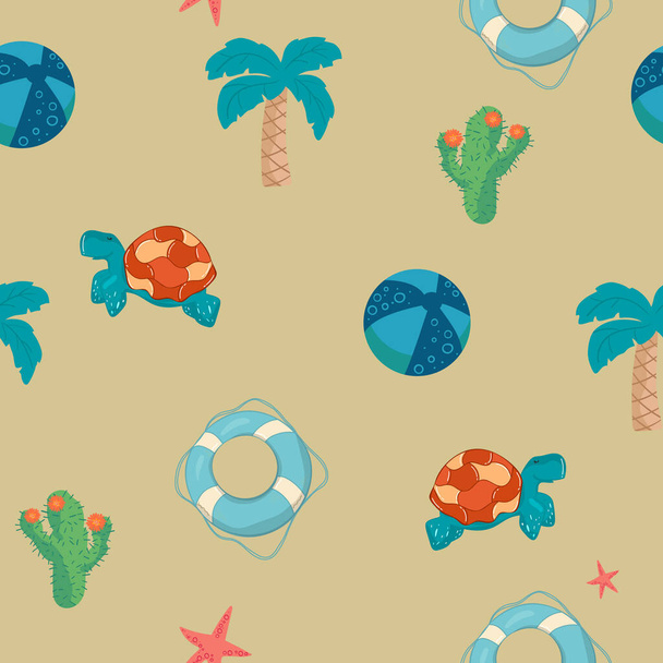 seamless summer pattern with cactus, lifebuoy, palm tree, turtle.  - Vektör, Görsel