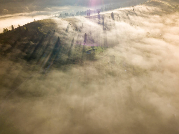O nevoeiro envolve a floresta montanhosa. Os raios do sol nascente rompem o nevoeiro. Vista aérea de drones. - Foto, Imagem