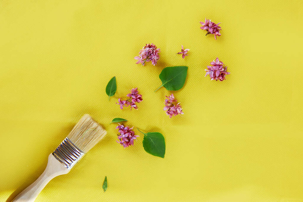Salpicadura de flores de primavera de pincel de pintura sobre fondo amarillo. Sustentable, núcleo de la casa, la conexión con el concepto de la naturaleza. - Foto, imagen