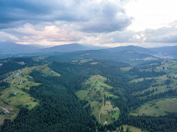 Green Ukrainian Carpathians mountains in summer. Aerial drone view. - Photo, Image