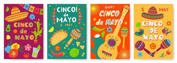 Фестивальные плакаты Синко-де-Майо, флаер для празднования мексиканских праздников. Мексиканский фиеста приглашения с сомбреро, гитара, маракас векторный набор - Вектор,изображение
