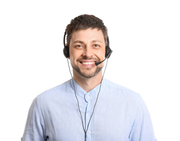 Smiling consultant of call center in headset on white background - Fotoğraf, Görsel