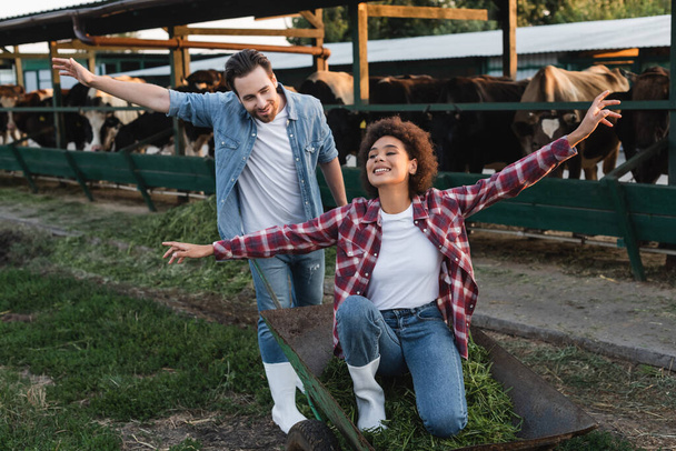 granjeros interracial emocionados divirtiéndose con carretilla cerca de establo borroso - Foto, Imagen