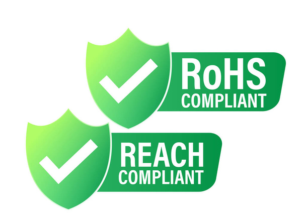 'alcançar conformidade' e ícone vetorial compatível com RoHS definido com marca de carrapato, verde em colr - Vetor, Imagem
