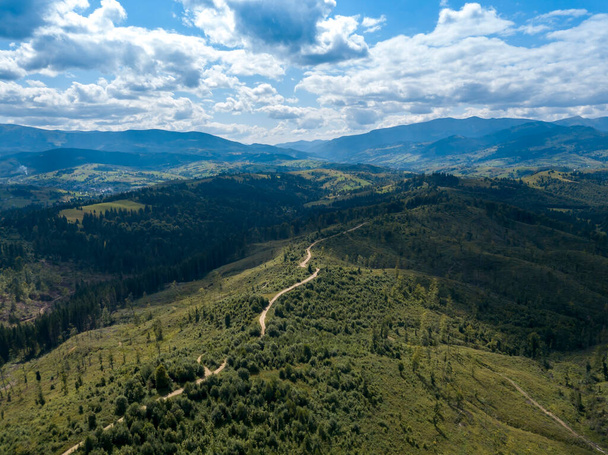 Green mountains of Ukrainian Carpathians in summer. Coniferous trees on the slopes. Aerial drone view. - Foto, Imagem