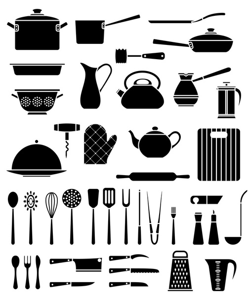 Conjunto de utensilios de cocina y colección de iconos de utensilios de cocina
 - Vector, imagen