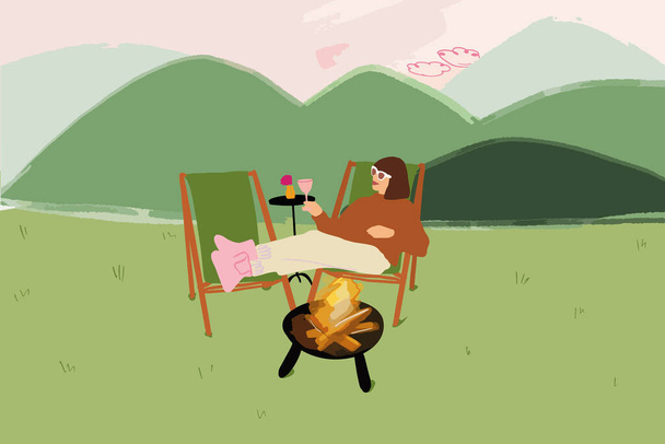 Mulher relaxante perto de lareira nas montanhas  - Vetor, Imagem