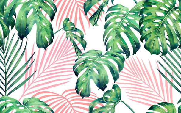 Watercolor painting colorful tree palm,monstera leaves seamless pattern background.Watercolor hand drawn illustration tropical exotic leaf prints for wallpaper,textile Hawaii aloha jungle pattern. - Photo, image