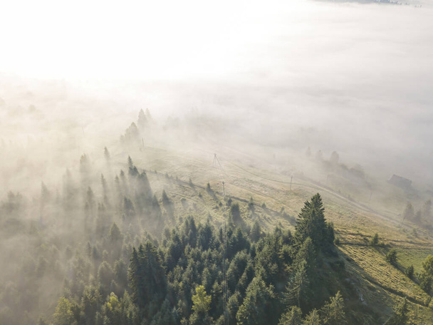 Köd borítja a hegyi erdőt. A felkelő nap sugarai áttörnek a ködön. Légi drónra néző. - Fotó, kép