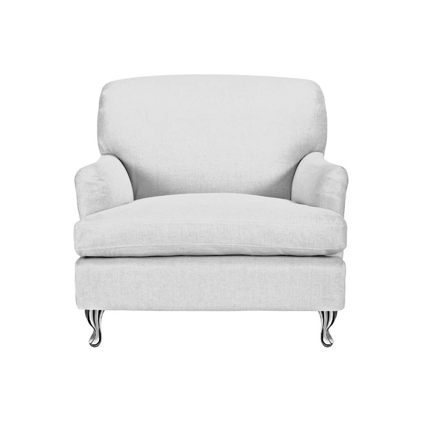 Klasyczny fotel art deco stylu w białym aksamicie z niklu metalowe nogi izolowane na białym tle ze ścieżką wycinania. Widok z przodu, seria mebli - Zdjęcie, obraz